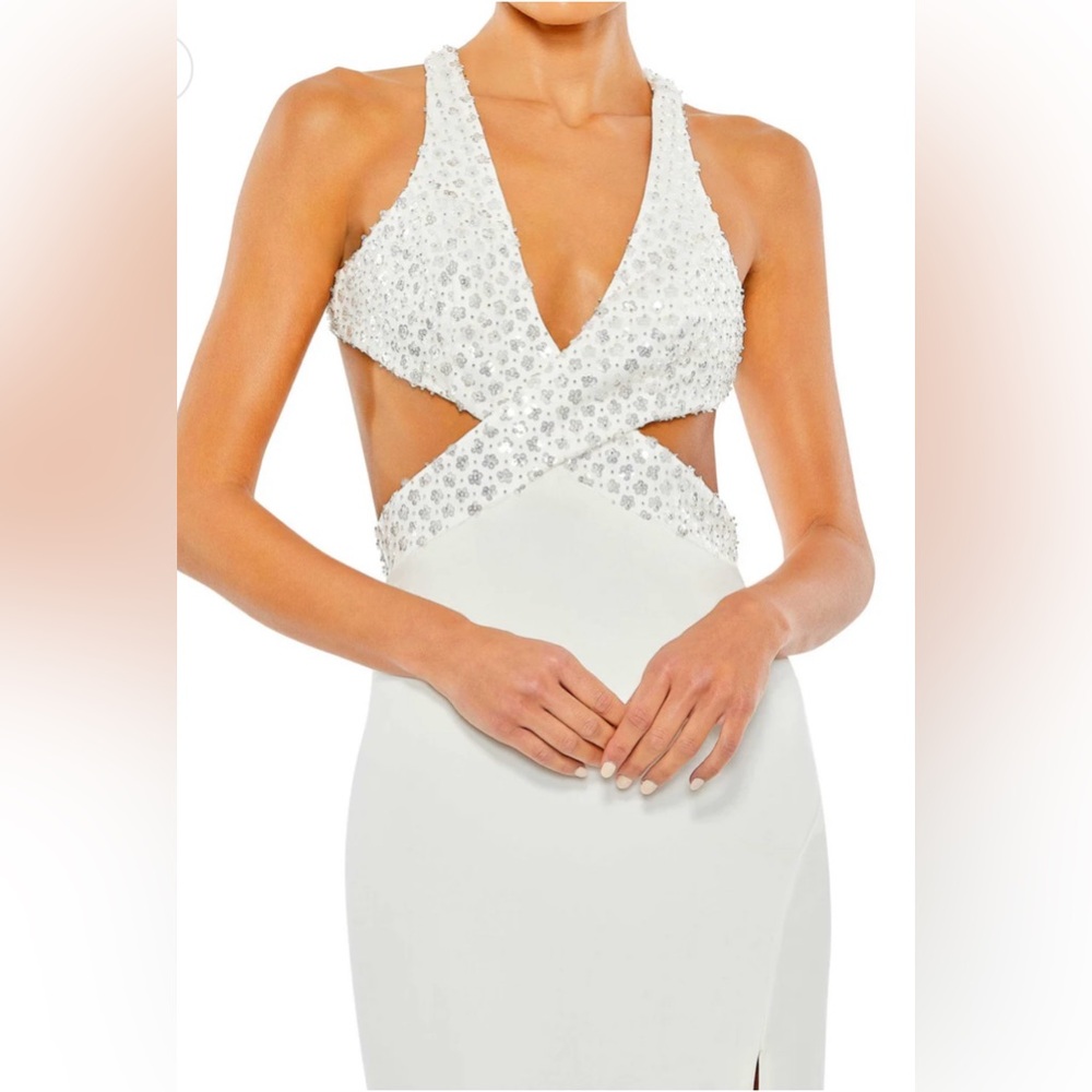 NWT Mac Duggal White Sequined Criss Cross Bodice Gown - Picture 2 of 8